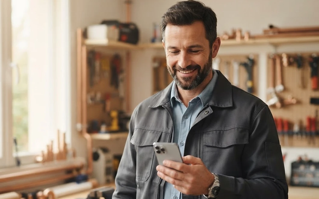 Artisan plombier souriant consultant son smartphone dans son atelier lumineux